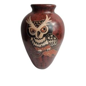 Nicaraguan Pottery OWL Vase Calera Signed‎ Rust Brown Colorful 8"